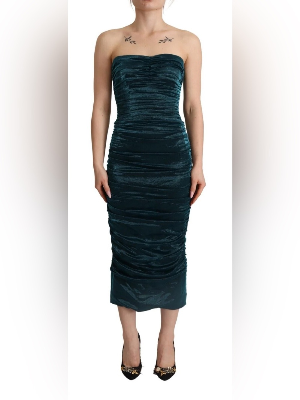 Dolce & Gabbana Bustier Bodice Draped Silk Midi Dress — Turquoise NWT